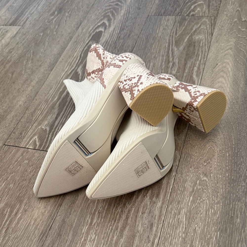 Pashion Footwear Cream Ribbed Sock Booties with Brown Snake-Print Heel - Picture 3 of 3